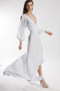 Young model wearing Jerry Matthews dress for fashion shoot