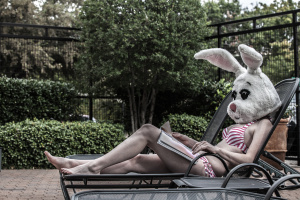 White Rabbit: American Bunny lounging on a beach chair reading fashion magazines